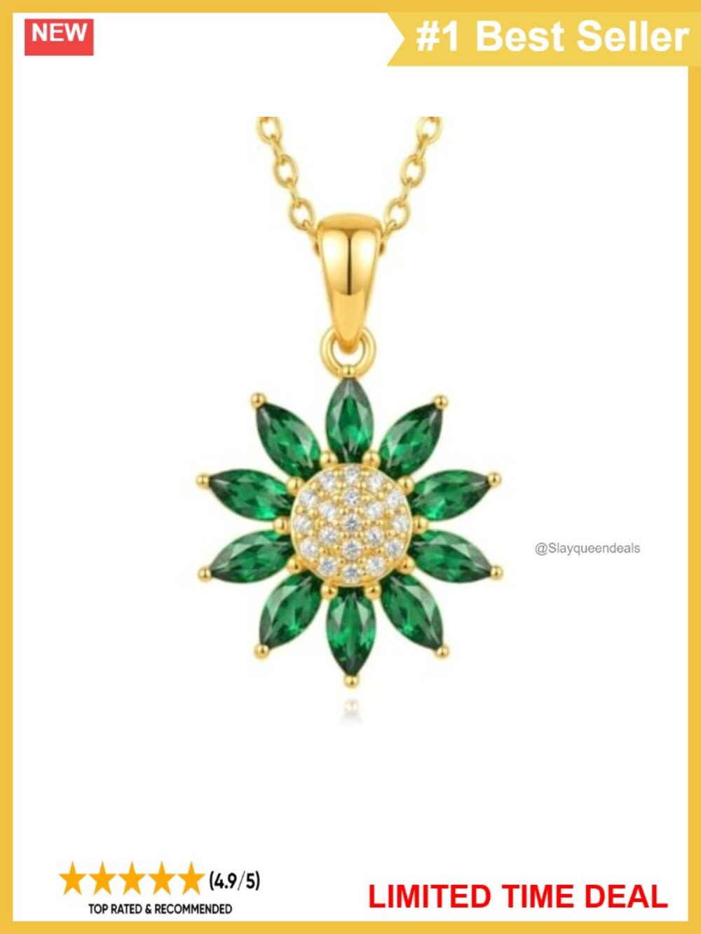 14K Solid Gold Emerald Sunflower Pendant Necklace Dainty Floral Jewelry Gift